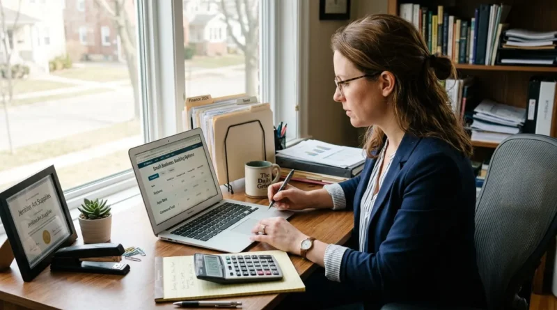 Small business owner comparing the best banks for small business accounts on a laptop
