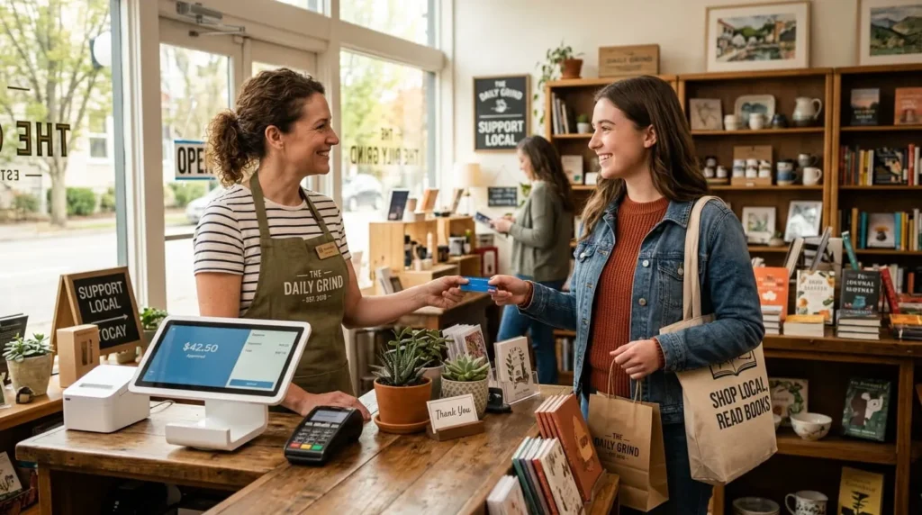 Retail small business owner using a debit card from one of the best banks for small business accounts