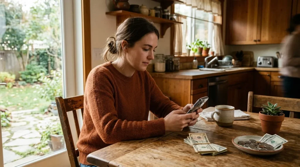 Person checking phone at kitchen table while trying to get 20 dollars fast