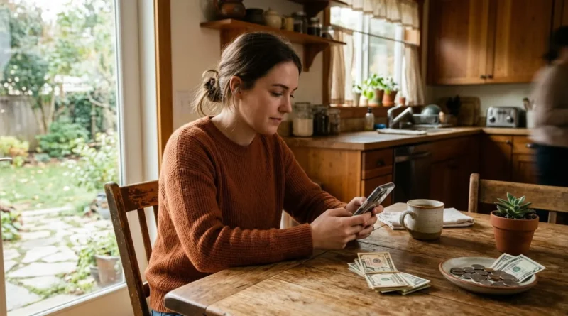 Person checking phone at kitchen table while trying to get 20 dollars fast