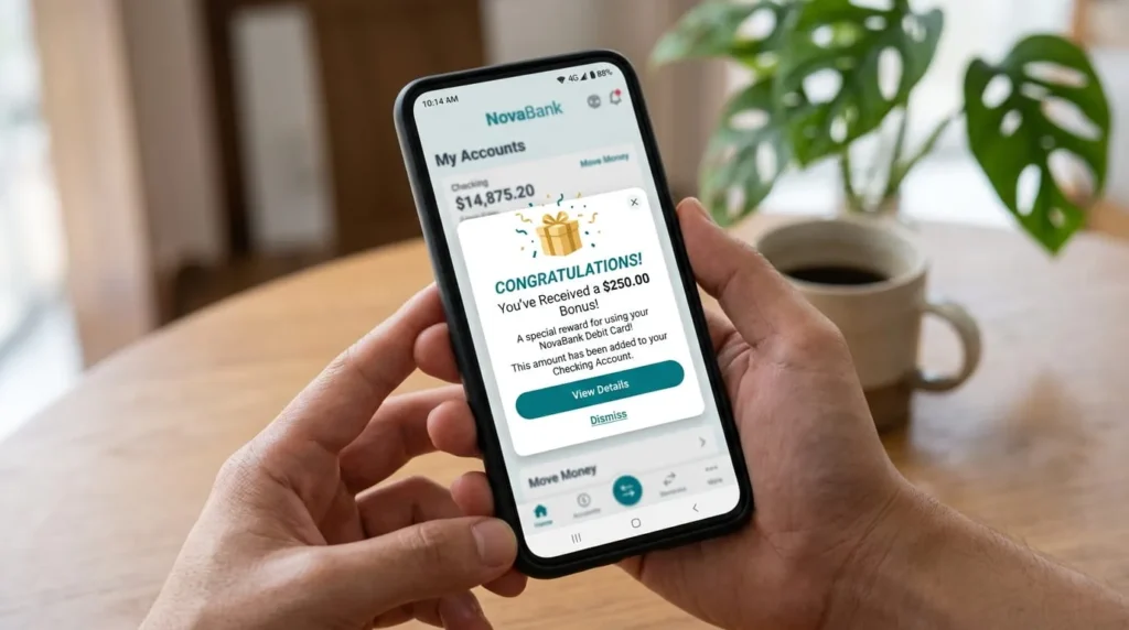 Smartphone showing a signup bonus from a banking app to get 20 dollars fast