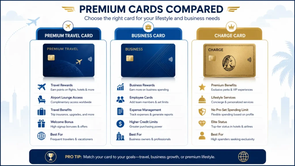 Infographic comparing premium travel, business, and charge card options for high credit limit cards