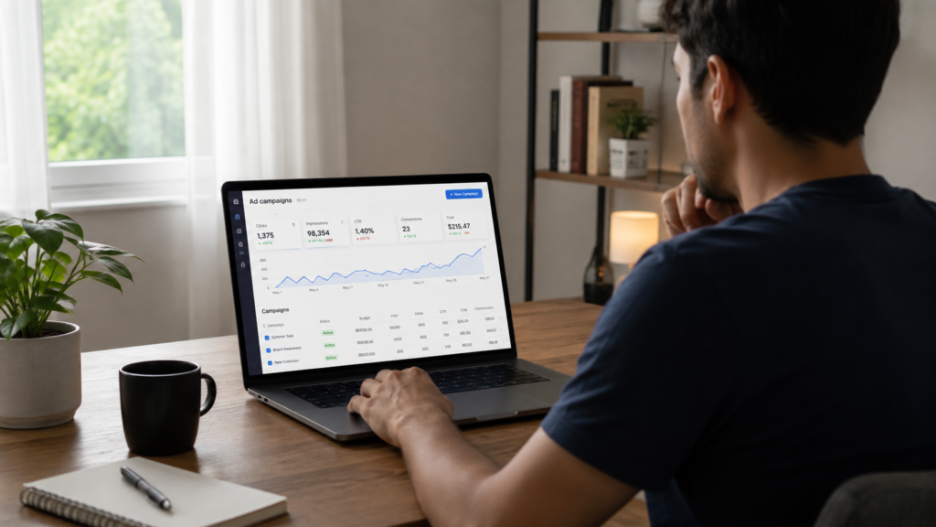 Person learning how to post ads and earn money using a laptop dashboard at home