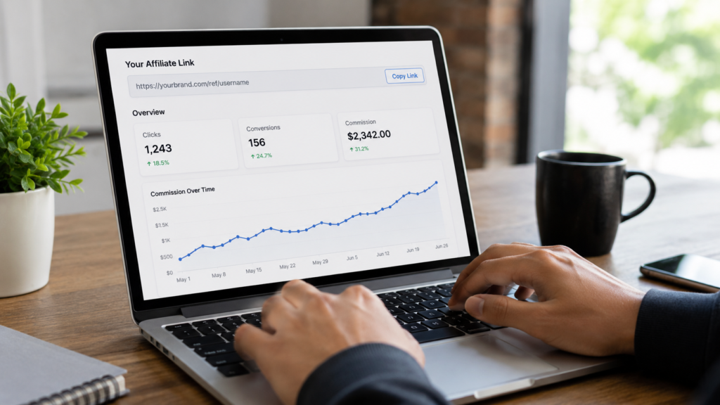 Laptop screen showing an affiliate commission dashboard, illustrating how to post ads and earn money online