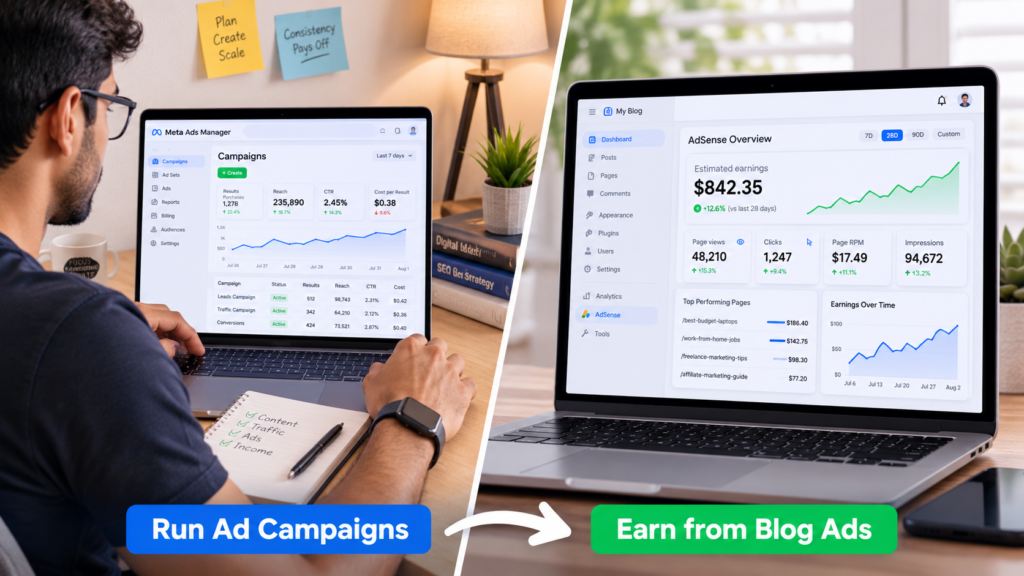 Side by side comparison of freelance ad posting and blog ad revenue as ways to earn money