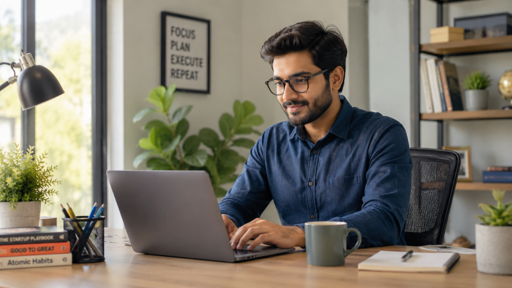 Professional enjoying a low-stress high paying job in a modern office