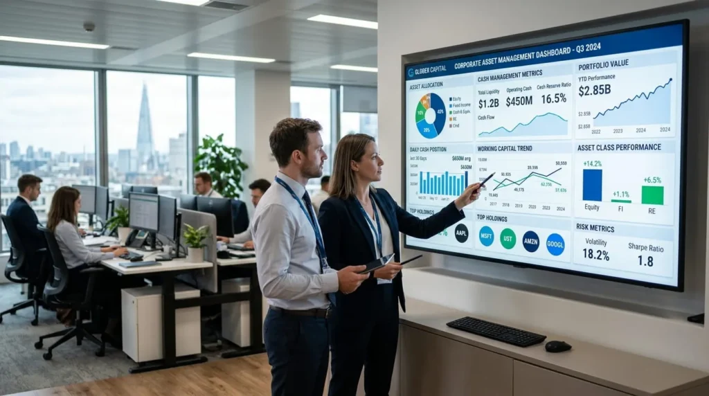 Corporate financial dashboard visualizing cash allocations within a business investment account