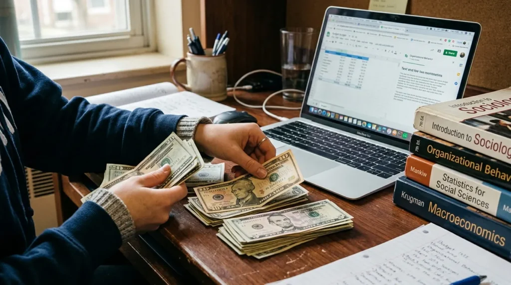 Cash earnings from a side hustle for college students placed next to textbooks and a laptop
