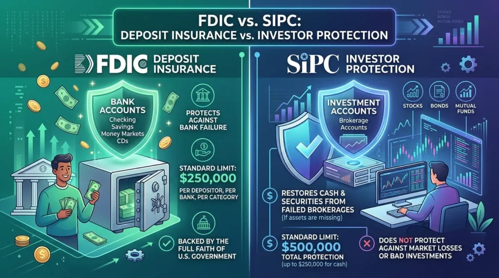 Visual graphic illustrating FDIC deposit protection versus SIPC coverage for a business investment account.