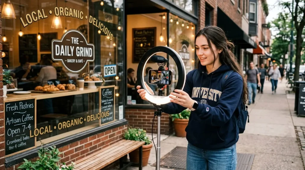 College student filming content for a local business as a social media side hustle