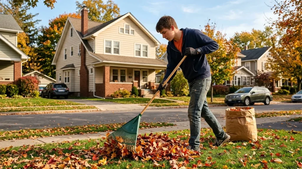 College student doing yard work as a seasonal side hustle for college students