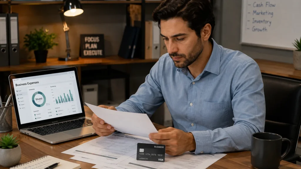 Small business owner reviewing high limit business credit card statements