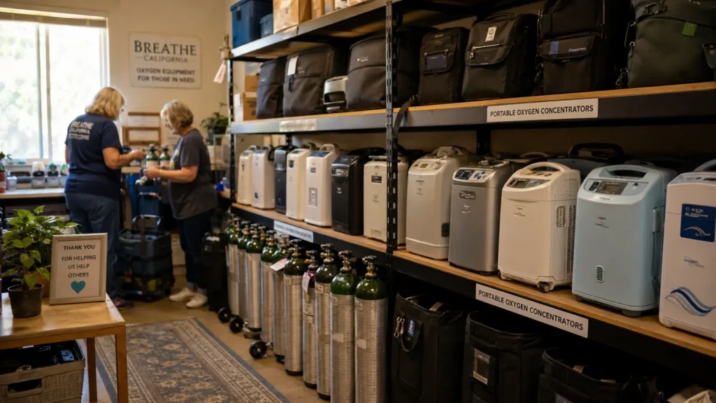 Shelves of donated oxygen concentrators inside a community oxygen bank facility