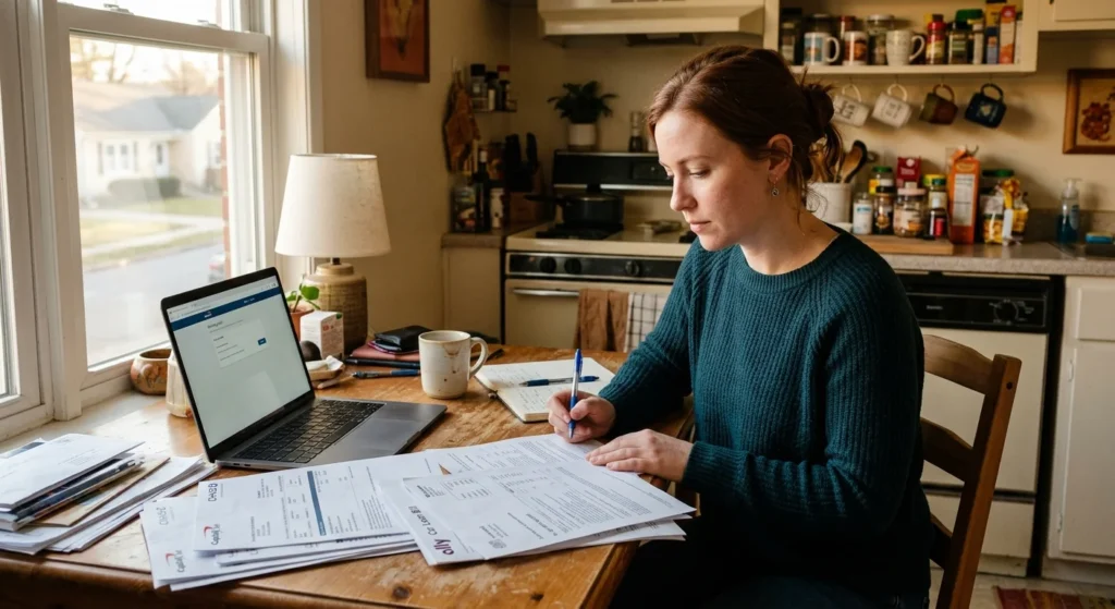 Woman using bank statements and a laptop to calculate debt to income ratio at her kitchen table