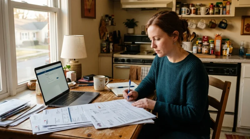 Woman using bank statements and a laptop to calculate debt to income ratio at her kitchen table