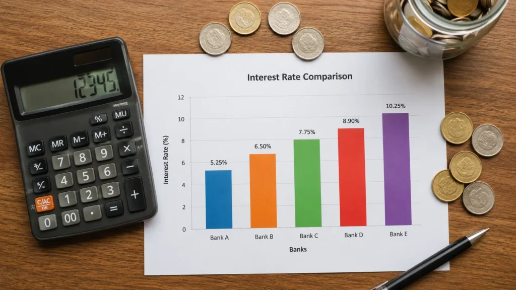 Calculator and rate comparison chart showing which savings account earns the least money over time