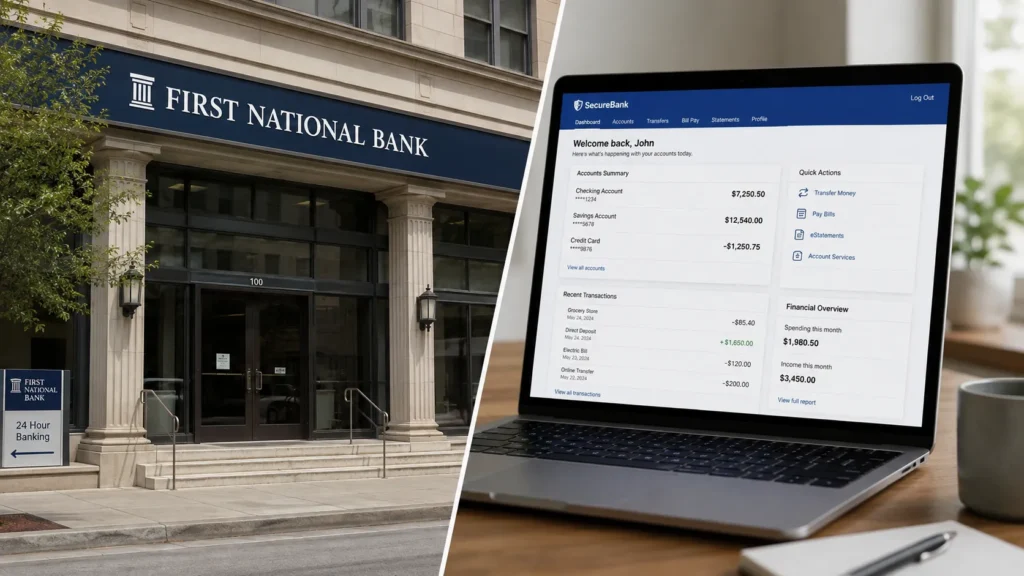 Traditional bank branch versus online savings dashboard illustrating which savings account earns the least money