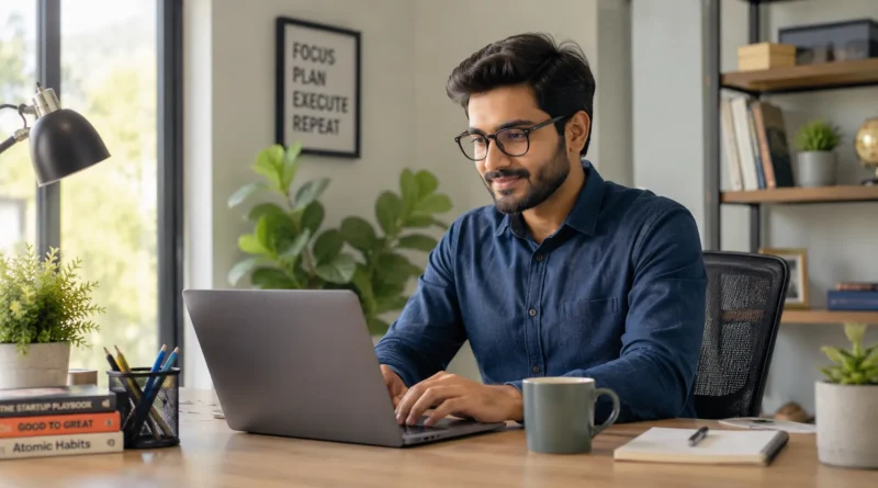 Professional enjoying a low-stress high paying job in a modern office