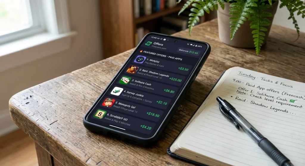 Freecash offer wall dashboard on mobile