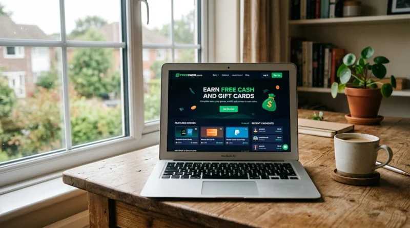 Freecash.com homepage shown on laptop screen