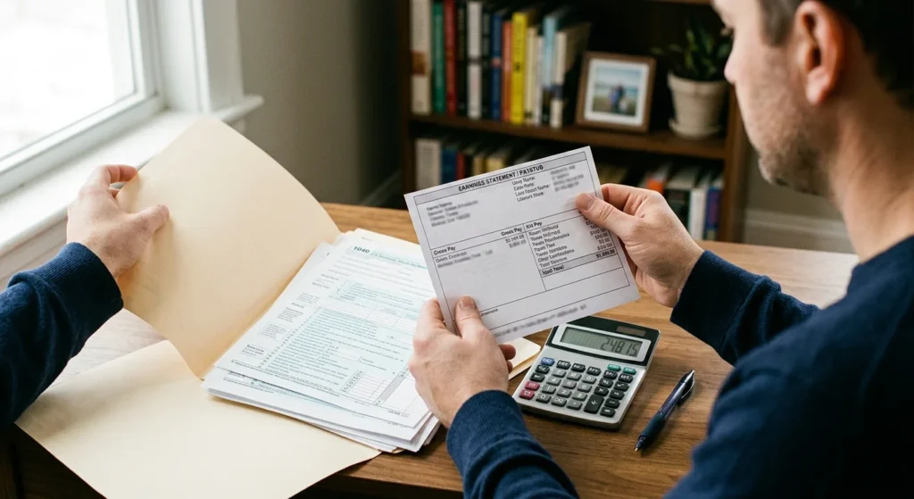 Man reviewing paystubs and tax returns to calculate debt to income ratio using gross income