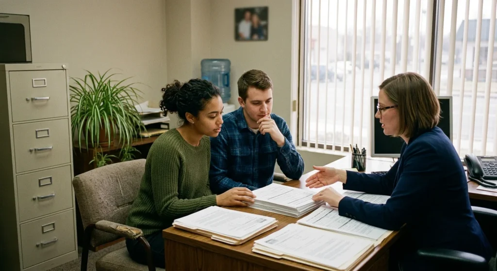 Couple meeting a loan officer who will calculate debt to income ratio for their mortgage application