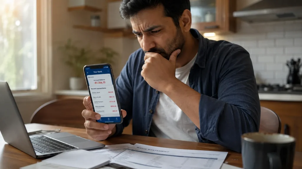 Woman reviewing a savings account statement that shows which savings account earns the least money