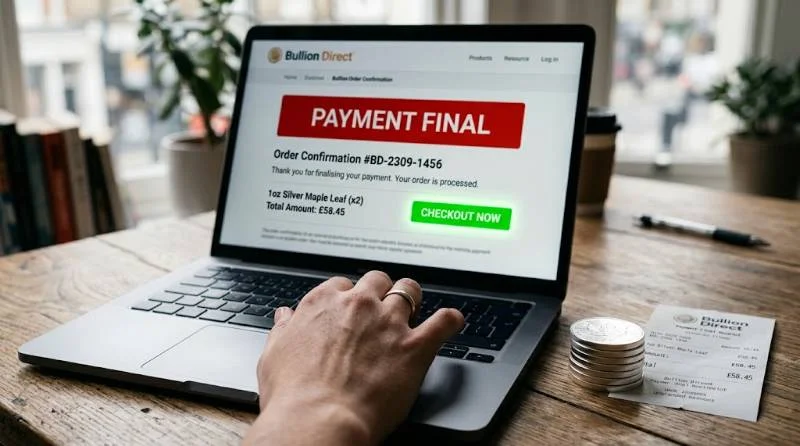 Buyer reviewing an order confirmation screen about the all payments final policy mentioned in SD Bullion reviews