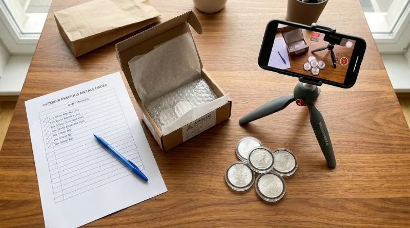 Order checklist, opened parcel, and silver coins illustrating tips drawn from SD Bullion reviews