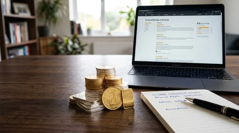 Gold and silver bullion coins next to a laptop displaying SD Bullion reviews and star ratings