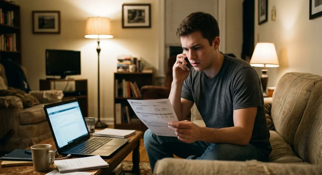 Man calling his loan servicer about student debt before he can calculate debt to income ratio accurately