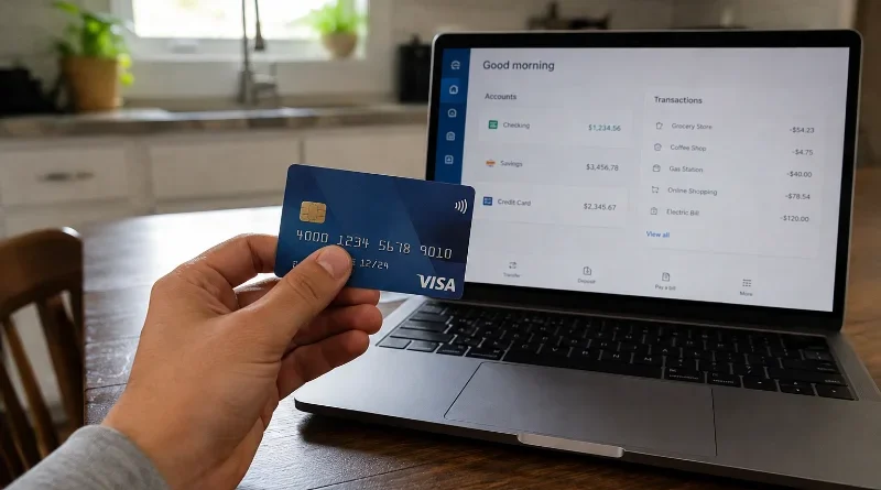 Chase Slate Edge credit card held in hand next to a laptop showing a banking app