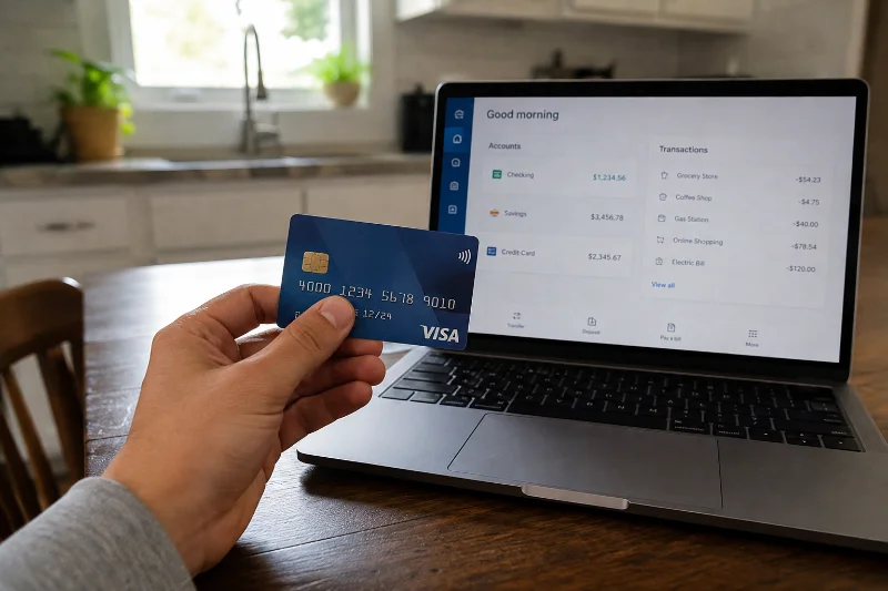 Chase Slate Edge credit card held in hand next to a laptop showing a banking app