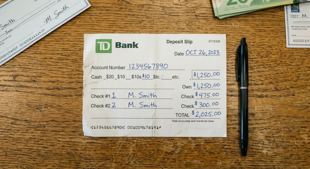 completed deposit slip with all fields filled in