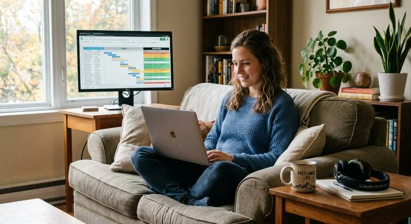 freelancer manages paid review writing gigs from home