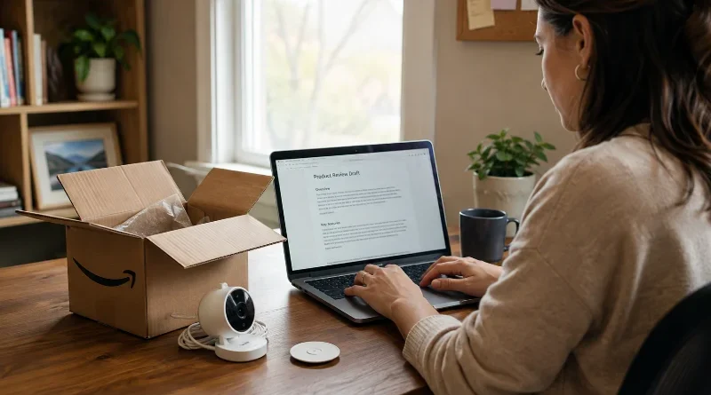 woman writes a paid review for Amazon products at her home desk