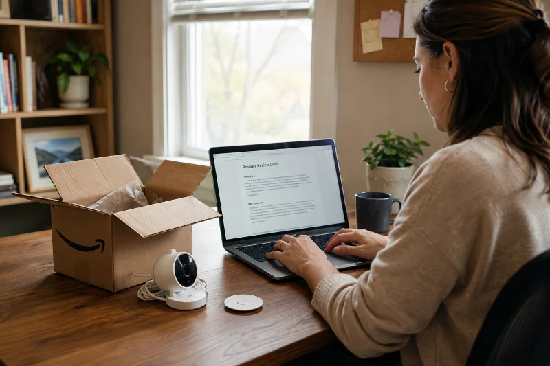 woman writes a paid review for Amazon products at her home desk