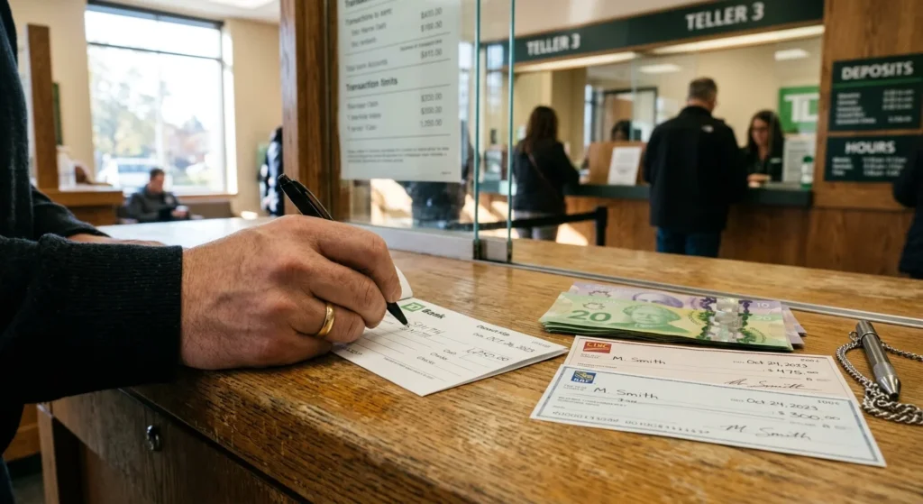 person filling out a deposit slip at a bank counter