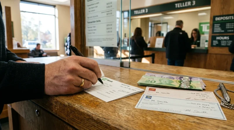 person filling out a deposit slip at a bank counter