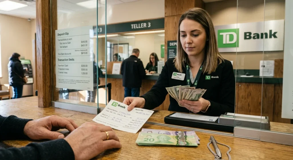 bank teller processing a completed deposit slip